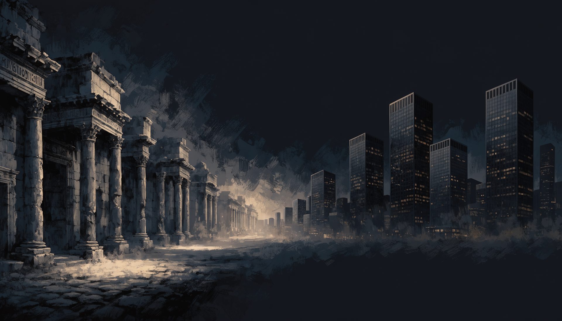 An ancient Roman street dissolving into a modern city skyline